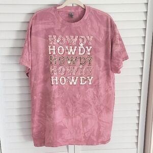 Cowgirl HOWDY‎ Tee, Pink Marbled TShirt, Size XL, Short Sleeves, Cotton